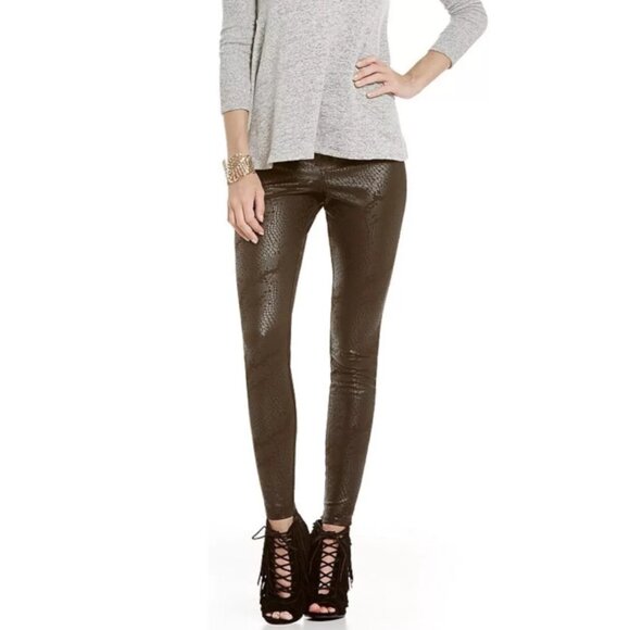 HUE Gold Metallic Python Coated Microsuede Mid-Rise Pockets Black Jegging Large - Picture 1 of 10